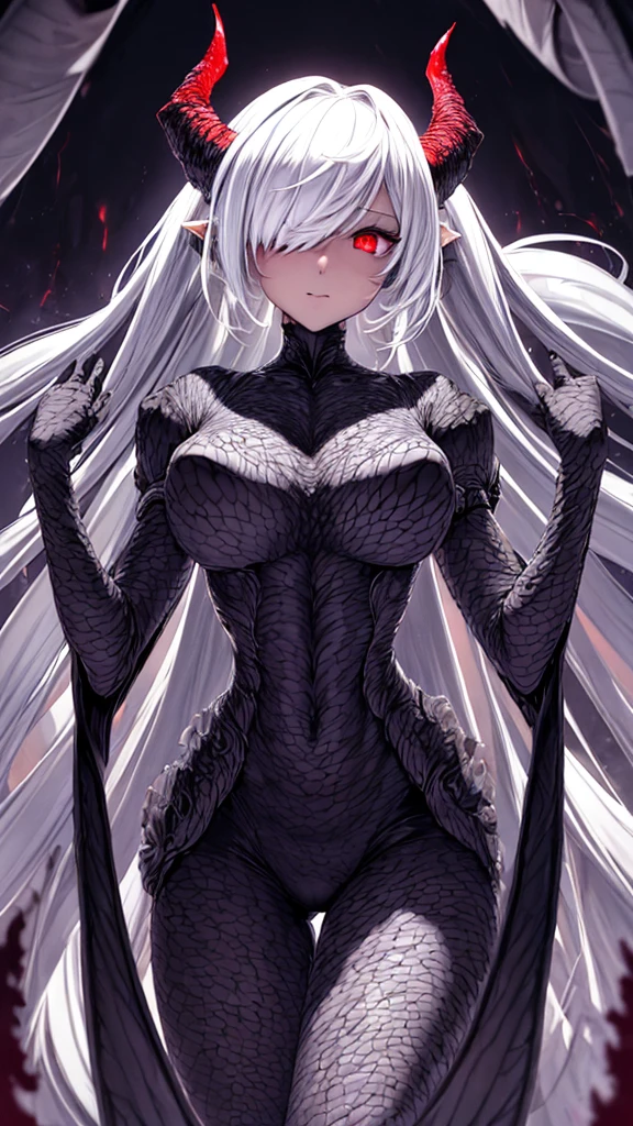 masterpiece, best quality, ultra-detailed, absurdres, colorful, 1girl, solo, (solid red eyes:1.0), (white hair, long hair, straight hair, hair over one eye:1.0), detailed eyes, wide-eyed, eyelashes, (upper body:0.8), monster girl, side view, glowing eyes, tilted head, night, black suit, pointy ears, horror, dark, black background, looking at viewer, crown, high contrast, backlighting, (standing:0.8), aura, fractal background, chaotic, spiral, demon horns, energy, mosaic, inferno