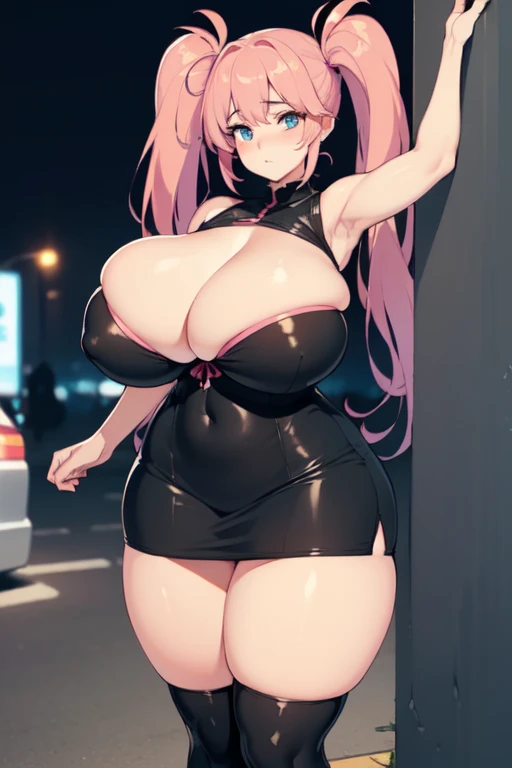 ((Highest quality)), ((masterpiece)), (detailed),
((huge breasts:1.4))
((Very thick thighs:1.4))
((Very fleshy young woman:1.4))
(Tall)
(cleavage)
((Pink) twintails hair)
Blue eyes
Standing
(((Shoot from front)))
(((photograph the whole body)))
((Black tight dress))
(sleeveless)
Japanese
Tokyo city
Night