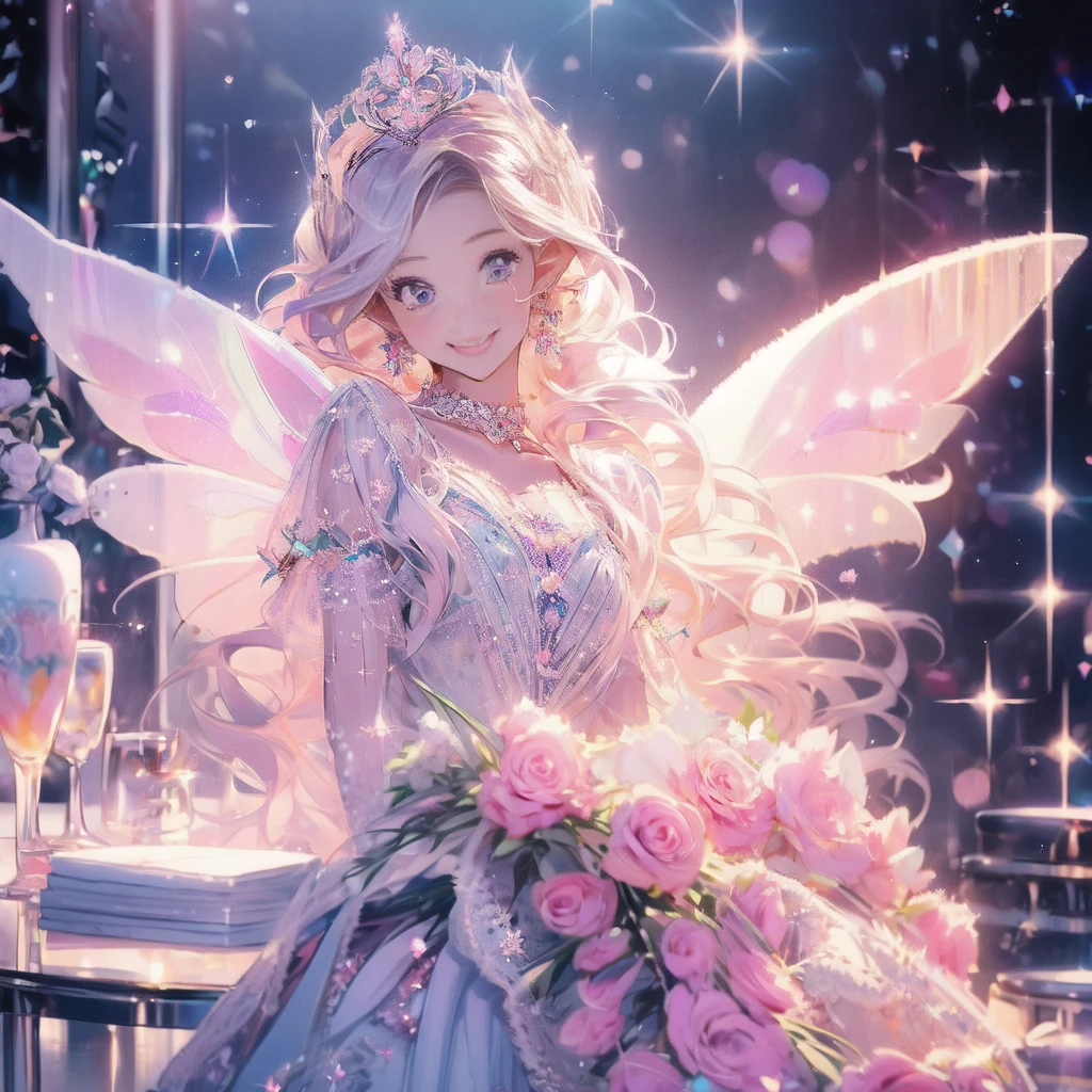 masterpiece,highest quality, very detailed, beautiful, exquisite, 16k, Full HD, confused,white background,((Upper body,half body photo)),((smile,Happy:1.5)),((Sparkling fluffy layered ball gown)), (Grasp the hem of your dress and bow slightly..),lots of flowers,((Surrounded by roses)),ruffles and rhinestones, ( table top, art station, fantasy art:1.2), Standing with an elegant smile,pastel colour,((giant white fairy wings))、white skin,gradient hair, pink hair, hair blowing in the wind, wavy hair,fluffy hair,tiara,lavender eyes, long eyelashes, beautiful eyes、pale pink cheeks,pointy ears, bright eyes,dazzling light, warm lighting,