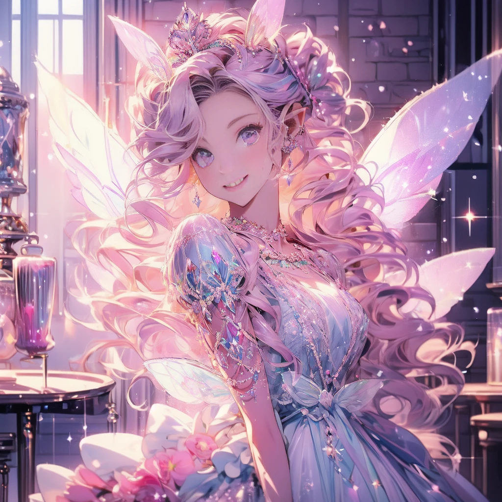masterpiece,highest quality, very detailed, beautiful, exquisite, 16k, Full HD, confused,white background,((Upper body,half body photo)),((smile,Happy:1.5)),((Sparkling fluffy layered ball gown)), (Grasp the hem of your dress and bow slightly..),lots of flowers,((Surrounded by roses)),ruffles and rhinestones, ( table top, art station, fantasy art:1.2), Standing with an elegant smile,pastel colour,((giant white fairy wings))、white skin,gradient hair, pink hair, hair blowing in the wind, wavy hair,fluffy hair,tiara,lavender eyes, long eyelashes, beautiful eyes、pale pink cheeks,pointy ears, bright eyes,dazzling light, warm lighting,