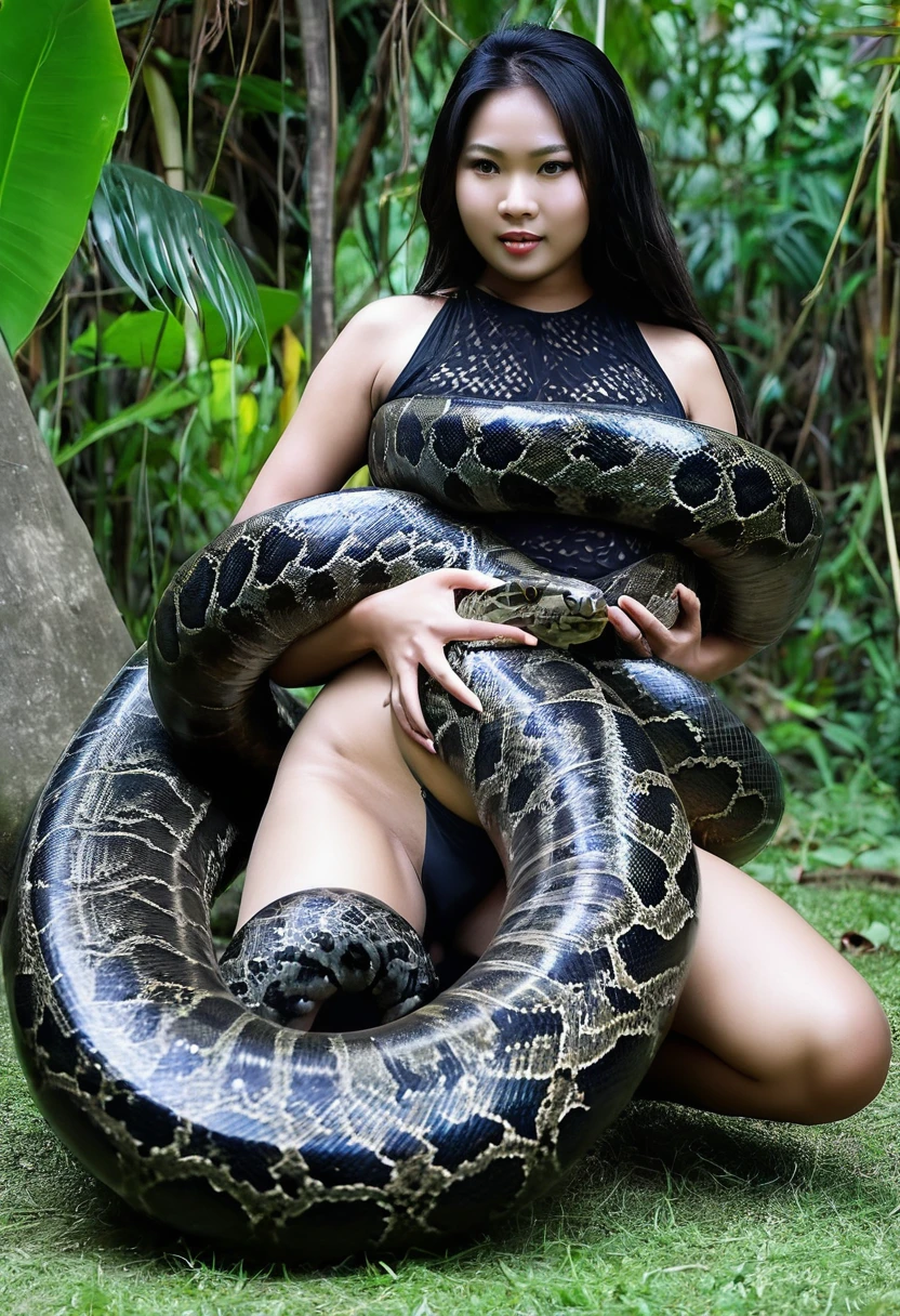 Pregnant Happy Horny, aroused 1girl), beautiful kneeling Thai young teen girl with  giant colossal black titanboa squeezing her hard, wrapped in thick spiraling coils, constricted, struggle, gasping for air, snake attack, snake peril, moonless night, dim light