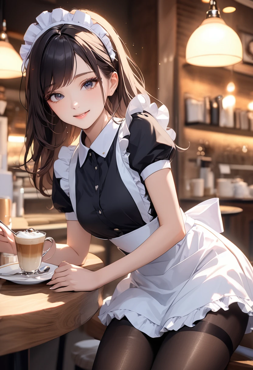 (masterpiece:1.5),(Beat quality),(high res),1girl solo,beautiful face,smilelight effects,Maid uniform mini skirt black pantyhose woman,Cafe