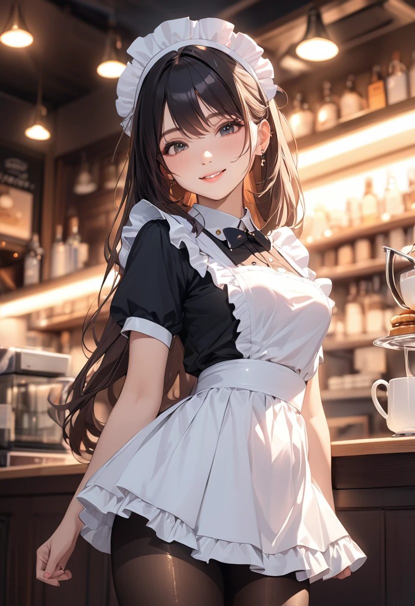 (masterpiece:1.5),(Beat quality),(high res),1girl solo,beautiful face,smilelight effects,Maid uniform mini skirt black pantyhose woman,Cafe