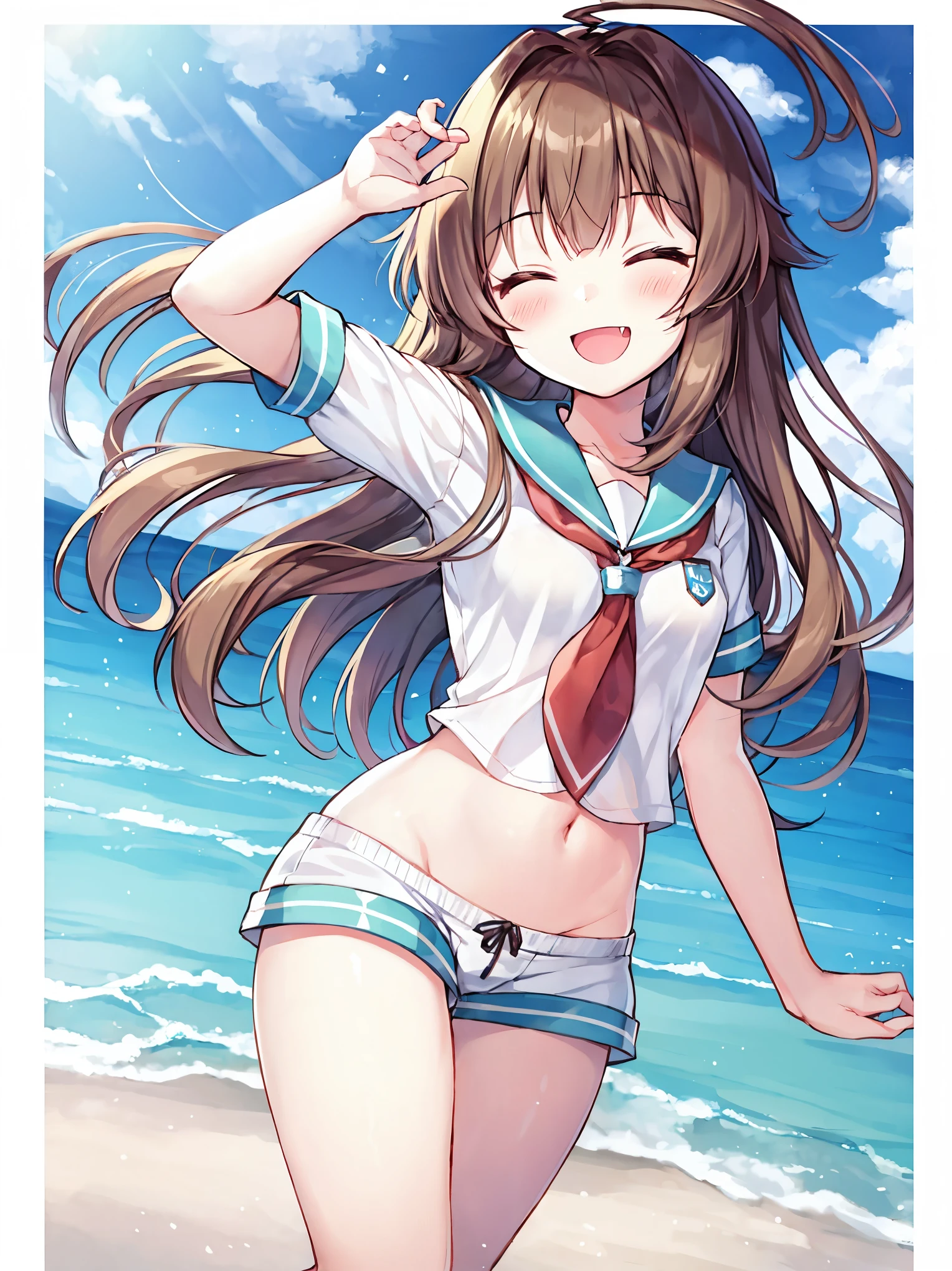 ung_teeirl, brown_hair, long_hair, sailor_uniform,white_ baggy_shorts, short_sleeve, thighs, small_breasts, big_smile, open_mouth, fang, harbor_landscape_background, slightly_spread_legs, happiness, covered_crotch,ahoge,XD,exciting_posing,closed_eyes