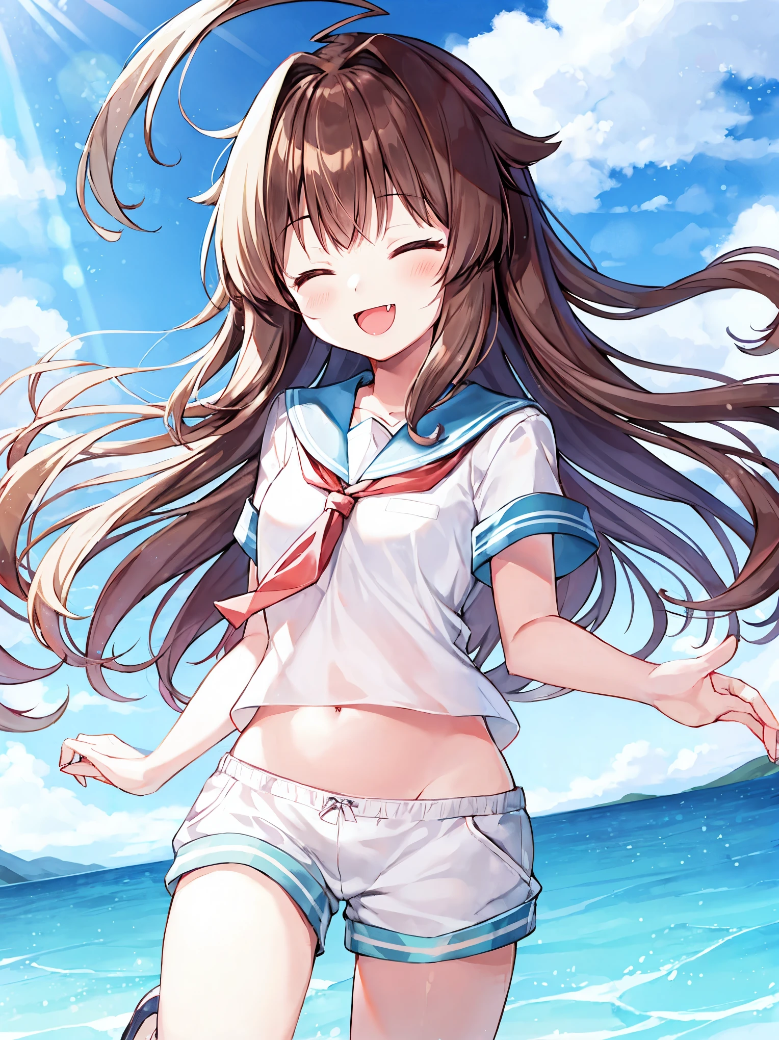 1young_teen_ girl, brown_hair, long_hair, sailor_uniform,white_ baggy_shorts, short_sleeve, thighs, small_breasts, big_smile, open_mouth, fang, harbor_landscape_background, slightly_spread_legs, happiness, covered_crotch,ahoge,XD,exciting_posing,closed_eyes