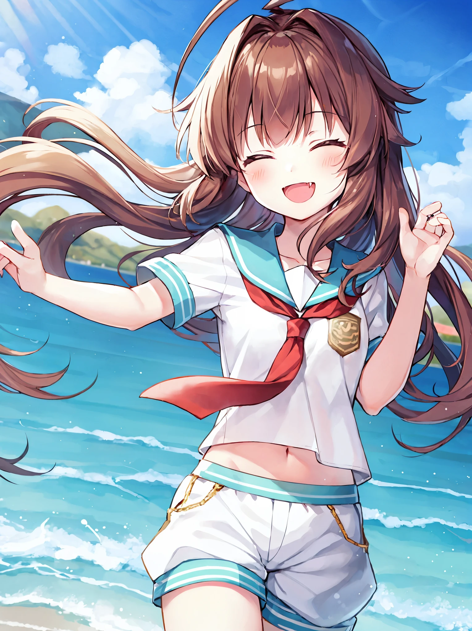 1young_teen_ girl, brown_hair, long_hair, sailor_uniform,white_ baggy_shorts, short_sleeve, thighs, small_breasts, big_smile, open_mouth, fang, harbor_landscape_background, slightly_spread_legs, happiness, covered_crotch,ahoge,XD,exciting_posing,closed_eyes