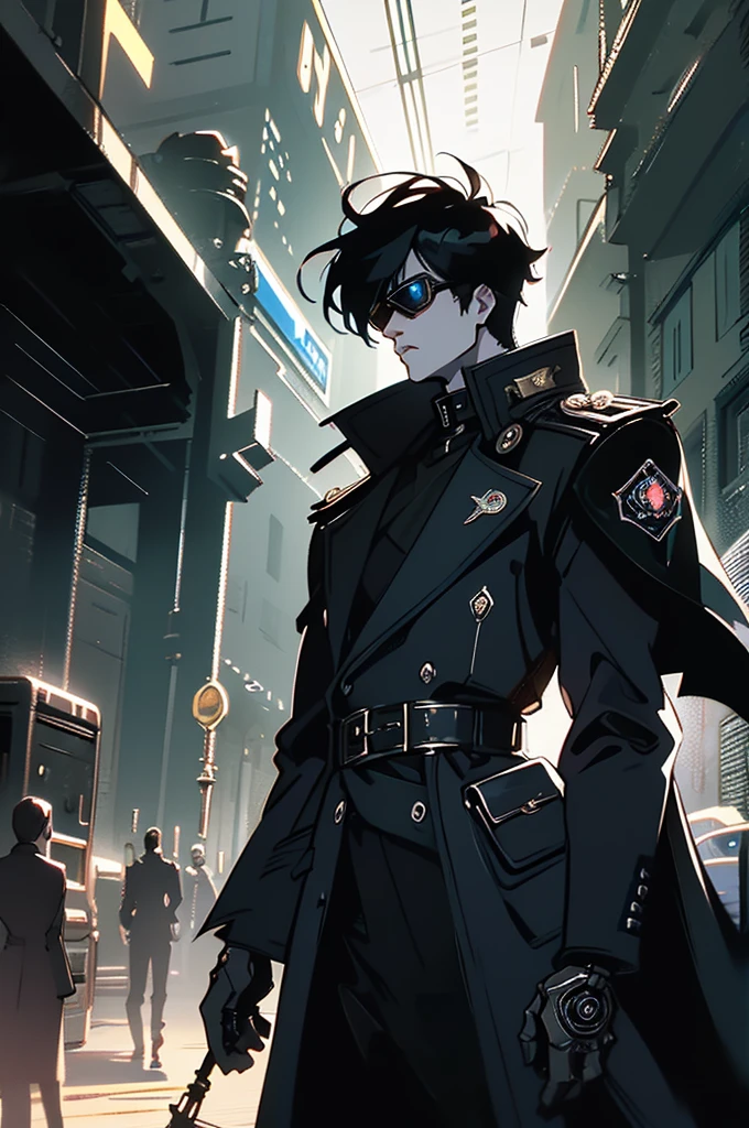 In the dimly lit alley, a cybernetically enhanced detective stands stoically amidst the neon-lit cityscape, a futuristic trench coat billowing around him. This concept art, a high-resolution digital painting, portrays a gritty scene straight out of a retro-futuristic film noir. The detective's Augmented Reality visor glows with information, highlighting the contrast between shadows and vibrant colors. Each detail is meticulously rendered, from the gleaming metal prosthetic arm to the holographic crime scene reconstruction playing in the background. This stunning image oozes atmosphere and mystery, drawing the viewer into a world that feels both familiar and otherworldly.