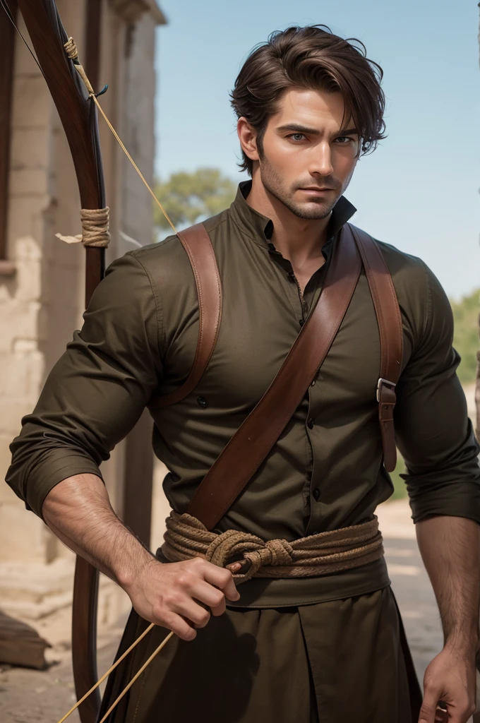 A hot man without a beard, an archer holding a bow, He's hot, It's from medieval times, is white, Red eye, he is tall and handsome, handsome. He's picking up a bow, is wearing green clothes