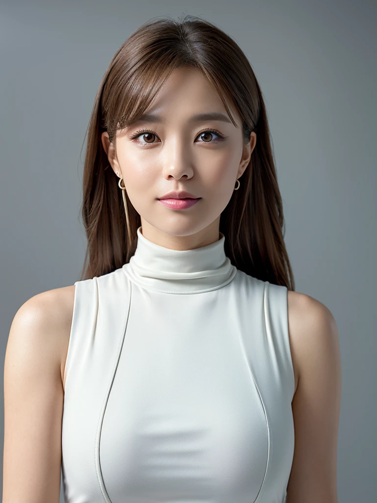 (Detailed face),((share)),Normal chest,cute,White sleeveless and turtleneck outfit,4K ,Ultra-high resolution ,(Photorealistic: 1.7),Gray background,Long Hair,Chair,