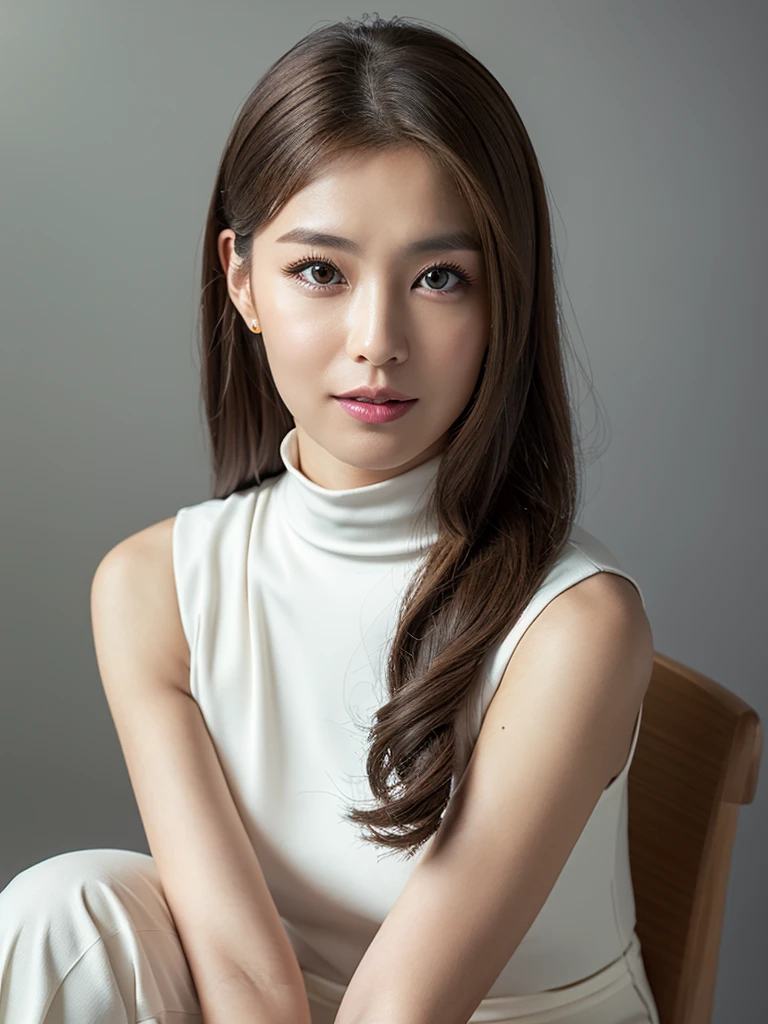 (Detailed face),((share)),Normal chest,cute,White sleeveless and turtleneck outfit,4K ,Ultra-high resolution ,(Photorealistic: 1.7),Gray background,Long Hair,Chair,