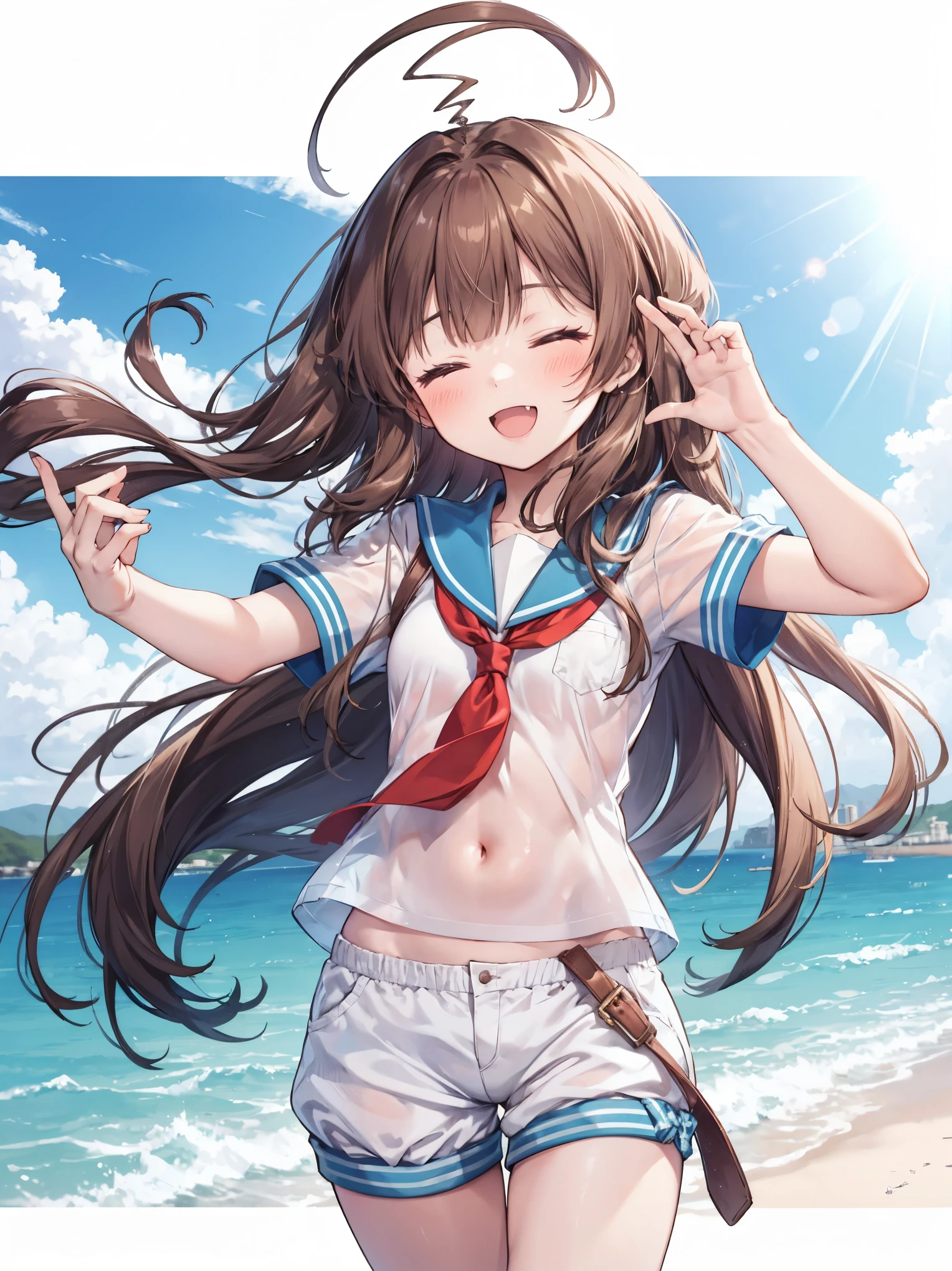ung_teeirl, brown_hair, long_hair, sailor_uniform,white_ baggy_shorts, short_sleeve, thighs, small_breasts, big_smile, open_mouth, fang, harbor_landscape_background, slightly_spread_legs, happiness, covered_crotch,ahoge,XD,exciting_posing,closed_eyes