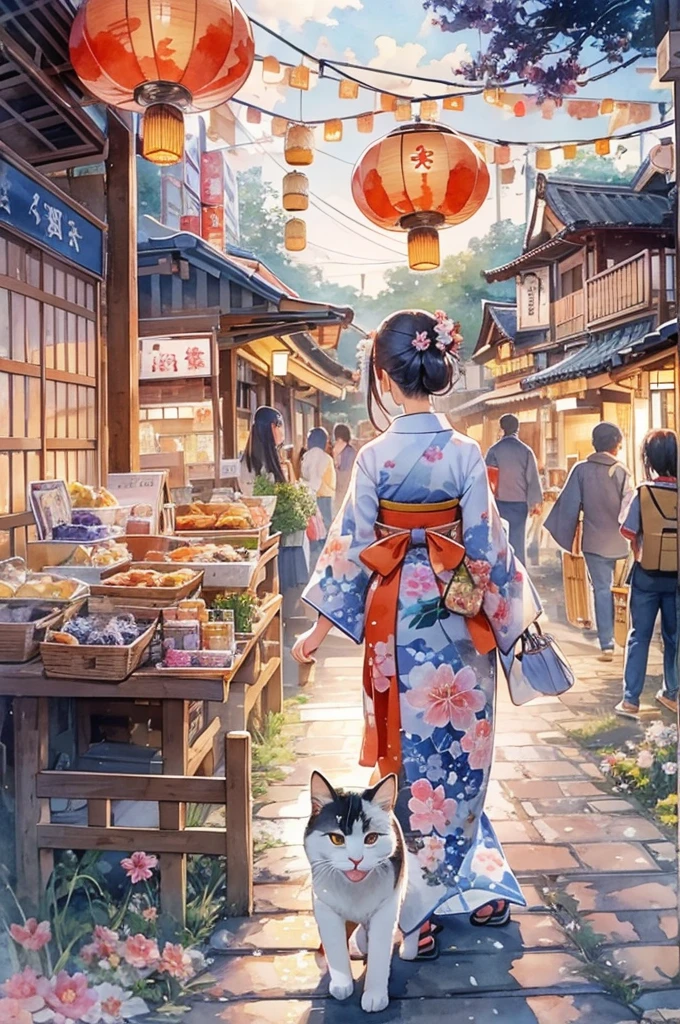 masterpiece, best quality,girl walking in Japanese countryside summer festival(natsumatsuri), (yukata,japanese geta), various food stalls, with cats,((look away)),magnificent view,night time,beautiful detailed scenery,(tween,short hight,middle small breasts),(Watercolor:1.3),