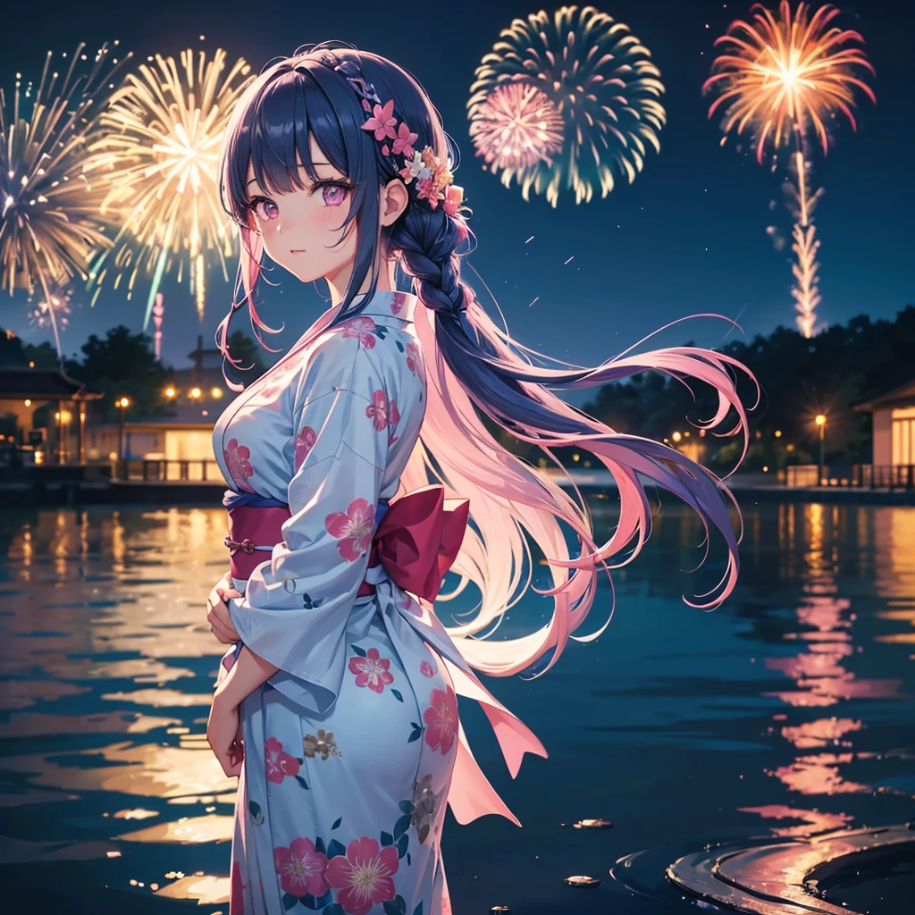 Sky Blue Medium Hair, (Braided hair),(Pink Eyes),Fair skin ,(whole body),(1 girl)、Floral Yukata、summer night、Fireworks on the lake、Big fireworks、Straight bangs,(masterpiece, Highest quality, Very detailed, Best Shadow), (Detailed Background), (Beautifully detailed face), High Contrast, (Best lighting, Very delicate and beautiful), ((Cinematic Light)), colorful, Hyper Detail 8k, Dramatic Light, Intricate details,Fireworks light reflected on the water