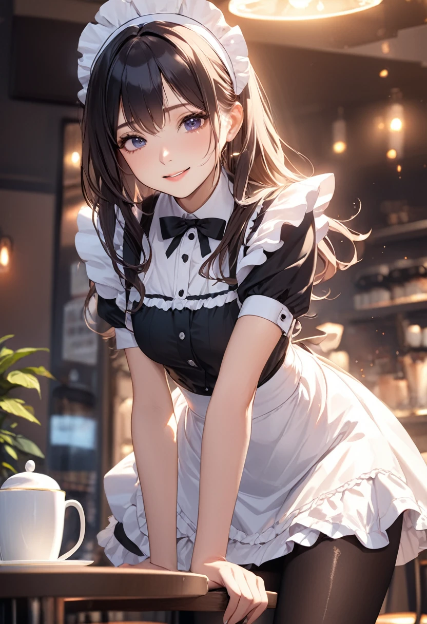 (masterpiece:1.5),(Beat quality),(high res),1girl solo,beautiful face,smilelight effects,Maid uniform mini skirt black pantyhose woman,Cafe