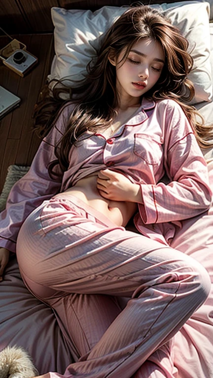 Sleeping girl, 22 years old, Realistic, She is wearing long pants, She is wearing pink pajamas, Brown Hair.