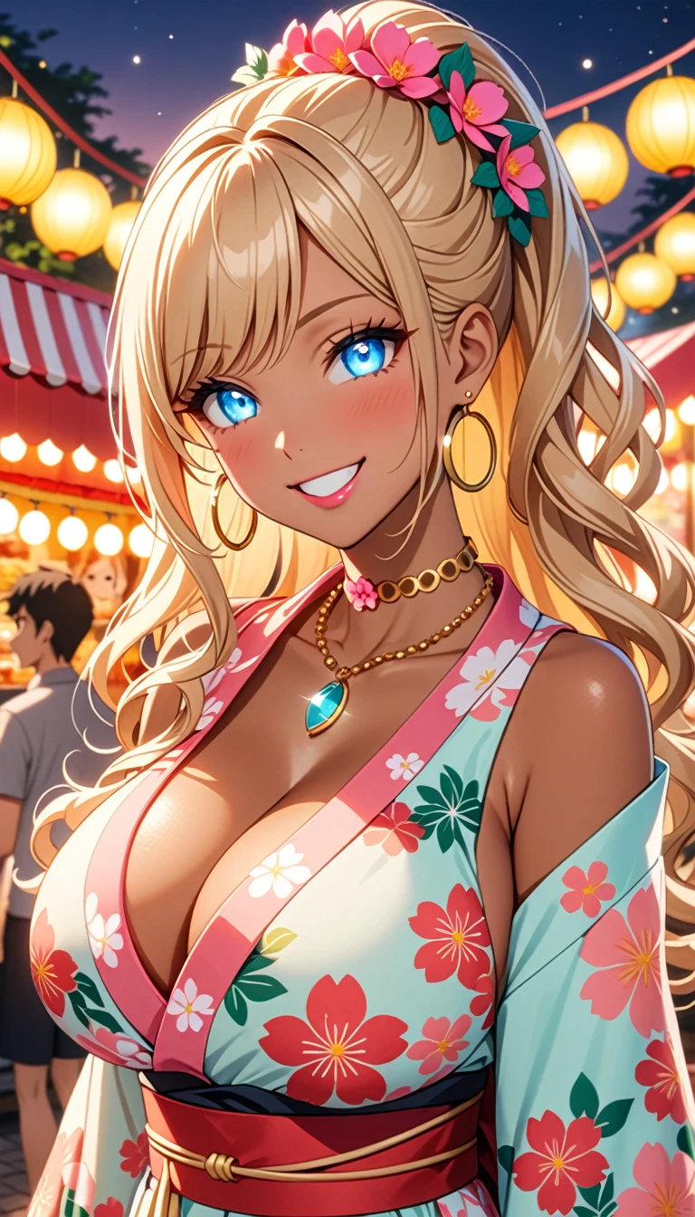 ultra-detailed, ((one girl)), (portrait), (tan skin:1.4), in pastel colors gyaru, (heavy makeup), (professional lighting), hyper detailed, absurdres, 8k, Beautiful Face, (Laugh shyly), ((teasing smile:1.2)), ((happy smile:1.4)), ((Wink:1.5)), (Laugh with your mouth wide open),((Tilt your face:1.6)), View your viewers, ((Bright red cheeks:1.4)),Glossy shocking pink lips, ((huge breasts:1.6)), night, summer, Small park, Festival food stalls, ((Anime style background)),masterpiece, Highest quality, (Brighten your face), so beautiful,Latest, Complex details, ((fluorescent pink long nail:1.2)), (ring),(bracelet), (Floral Choker),AI-generated, Complex,High resolution, Highest quality, super high quality,3D Images、3D Images,One person, ((Blond long hair)), (High Ponytail), (wavy hair:1.4), Anime woman posing for a photo, ((Eyes with detailed pupils、blue eyes、glowing eyes:1.3)), BREAK, (Squint your eyes:1.1),a hyperRealistic , hyperRealistic , Realistic,Anime woman with long honey blonde hair, Smooth anime CG art, A girl in a gorgeous pastel-colored kimono, ((Pastel-colored furisode)),(Pink large floral pattern), Long flower hair ornament,large gold hoop earrings, Mature Body, tall,Narrow waist, extreme close-up shot,