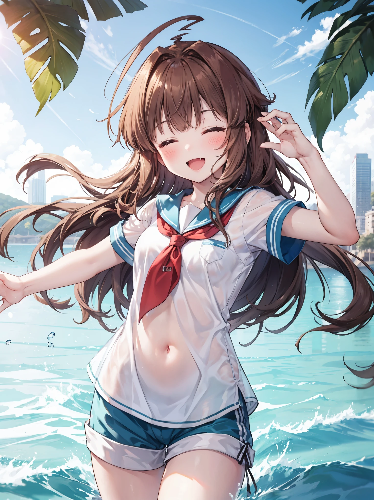 1young_teen_ girl, brown_hair, long_hair, sailor_uniform,white_ baggy_shorts, short_sleeve, thighs, small_breasts, big_smile, open_mouth, fang, harbor_landscape_background, slightly_spread_legs, happiness, covered_crotch,ahoge,XD,exciting_posing,closed_eyes