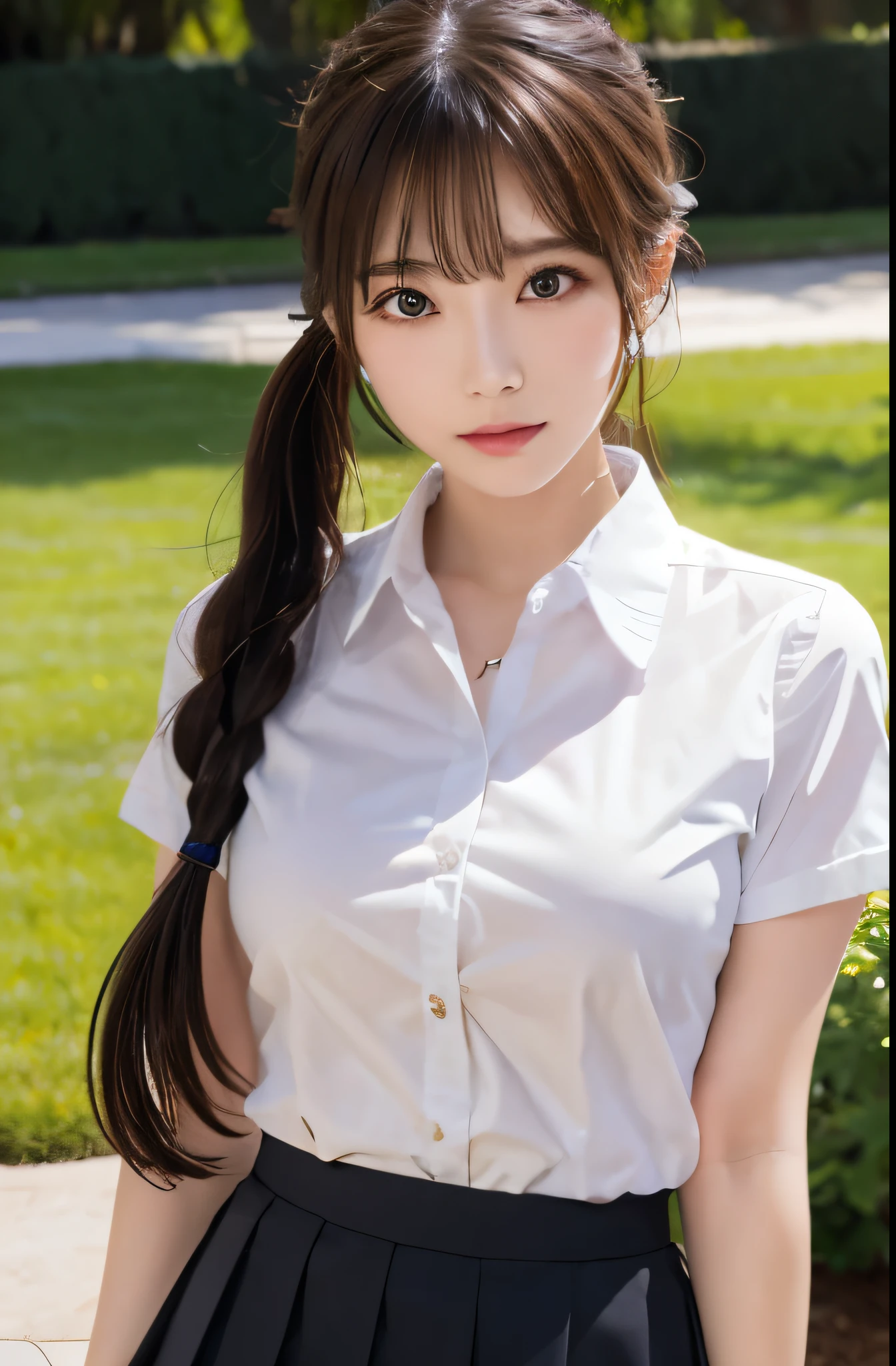 (Ultra HD), (School uniform with short sleeves, White collared shirt, Black Skirt), Big Breasts, Cleavage, slender, whole body, Standing posture, (Clean and shiny skin, Whitening, No makeup), (Super slim face, Super beautiful face), (Blonde twin tails, Layered Cut, Fluffy hair), (double eyelid, Slanted Eyes), Small Nose, Thin lips, Thin legs, Garden