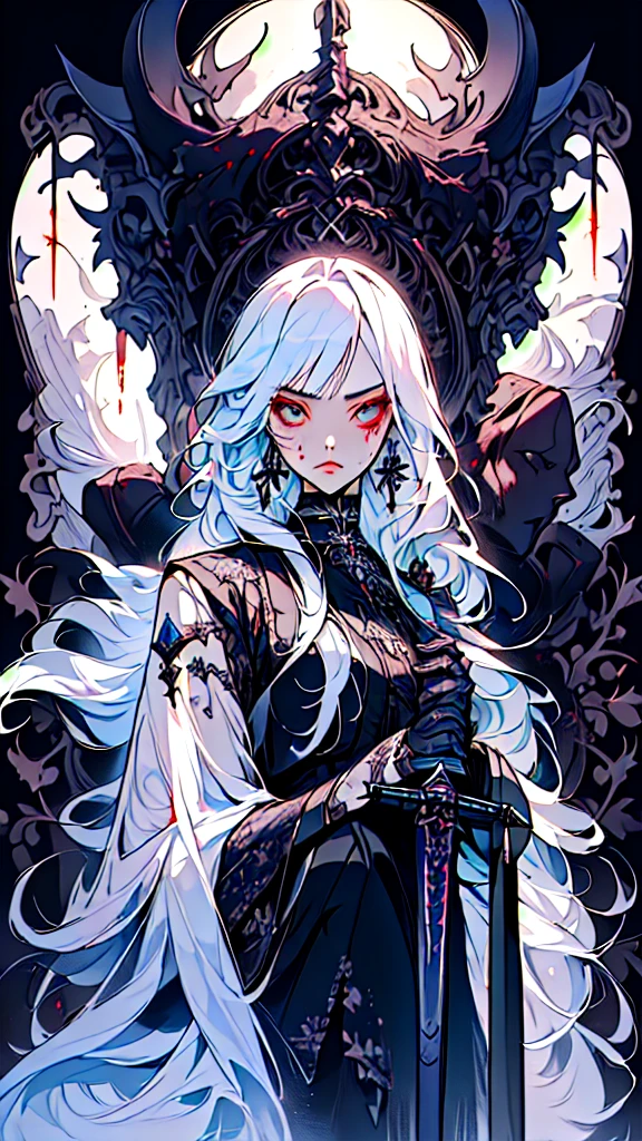 a beautiful anime girl with long white hair, detailed facial features, elegant gothic lolita dress, holding a sword, blood splattered around her, dark fantasy anime scene, epic fantasy art, detailed anime artwork, demon fantasy, necromancer, trending on artstation and pixiv, 4k anime art wallpaper