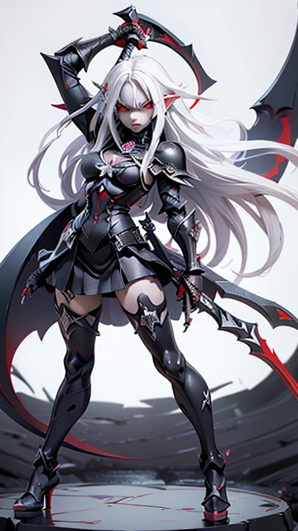 (((Masterpiece, best quality, 16k))) female character with long white hair and piercing red eyes. She wears a demonic armor in purple, black, and white. wields a large, stylized scythe. The character has a menacing expression, with a chaotic environment as the background. ((full body front view)). ((slender)), (extremely detailed:1.5), (long white hair:1.2), (piercing red eyes:1.2), (chaotic environment:1.1), (demonic armor:1.3), (stylized scythe:1.3).