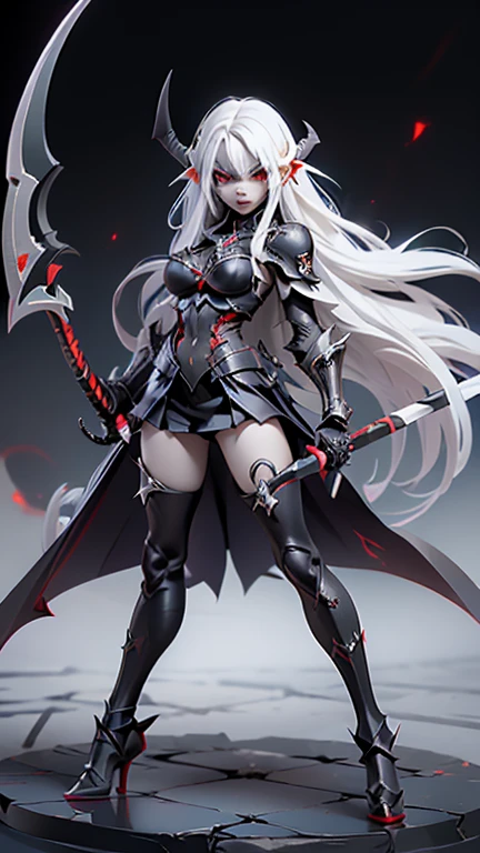 (((Masterpiece, best quality, 16k))) female character with long white hair and piercing red eyes. She wears a demonic armor in purple, black, and white. wields a large, stylized scythe. The character has a menacing expression, with a chaotic environment as the background. ((full body front view)). ((slender)), (extremely detailed:1.5), (long white hair:1.2), (piercing red eyes:1.2), (chaotic environment:1.1), (demonic armor:1.3), (stylized scythe:1.3).