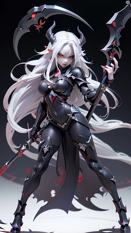  (((Masterpiece, best quality, 16k))) female character with long white hair and piercing red eyes. She wears a demonic armor in purple, black, and white.  wields a large, stylized scythe. The character has a menacing expression, with a chaotic environment as the background. ((full body front view)). ((slender)), (extremely detailed:1.5), (long white hair:1.2), (piercing red eyes:1.2), (chaotic environment:1.1), (demonic armor:1.3), (stylized scythe:1.3).