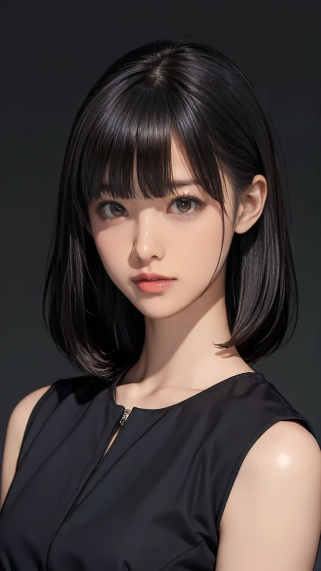 Girls hair bangs smart sleeveless shirt Black ((masterpiece)),(((highest quality)))