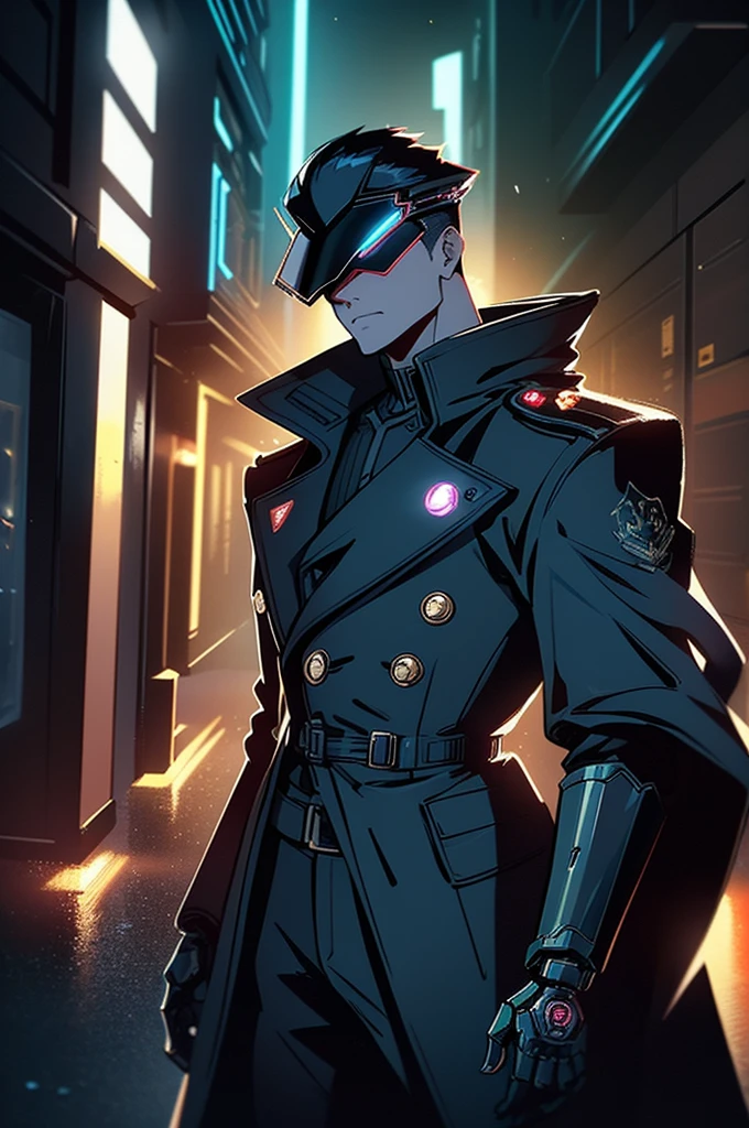 In the dimly lit alley, a cybernetically enhanced detective stands stoically amidst the neon-lit cityscape, a futuristic trench coat billowing around him. This concept art, a high-resolution digital painting, portrays a gritty scene straight out of a retro-futuristic film noir. The detective's Augmented Reality visor glows with information, highlighting the contrast between shadows and vibrant colors. Each detail is meticulously rendered, from the gleaming metal prosthetic arm to the holographic crime scene reconstruction playing in the background. This stunning image oozes atmosphere and mystery, drawing the viewer into a world that feels both familiar and otherworldly.