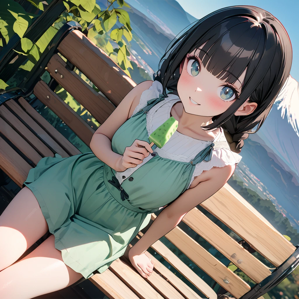 (8K, best quality, master piece: 1.2),super high resolution,1 girl,solo,16yo,ultra-detailed face,detailed eyes,black hair,braids,blunt bangs,green camisole,Front-opening white Sheer shirt,Ribbon,cute,layered Drawers,holding a watermelon ice cream bar,Smiling at the viewer,Sitting on a bench,Professional lighting,High ground with a view of Mt. Fuji