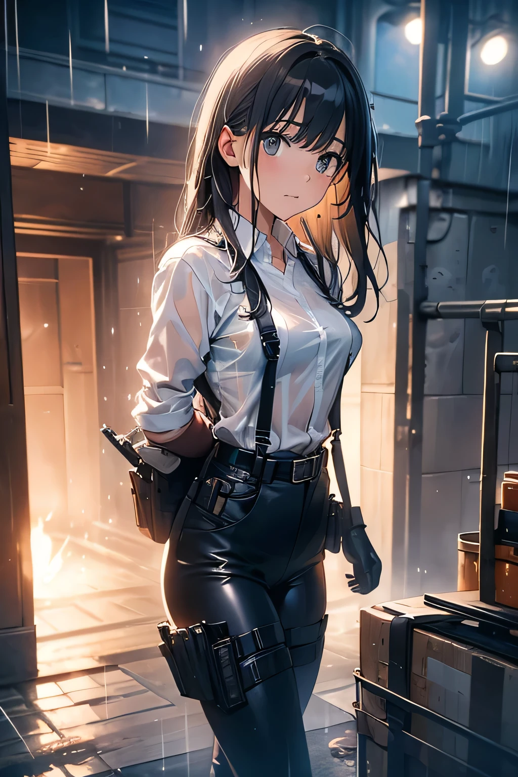 1 female, , high quality, masterpiece, Ultra-high resolution, , Cinema Lighting, , , And the suspenders with the cranes flying Large Breasts Small face holster Lying in bed Looking up Sweat belt summer 脇Sweat Black Hole Gloves suit shirt Black jacket Black trousers Leg Links ズボンにbelt holster Hands behind your back Anxious expression Looking up Anxious face, legs apart Armament Handgun handcuffs Cable ties レッグholster holster See-through clothing heavy rain Getting wet in the rain
