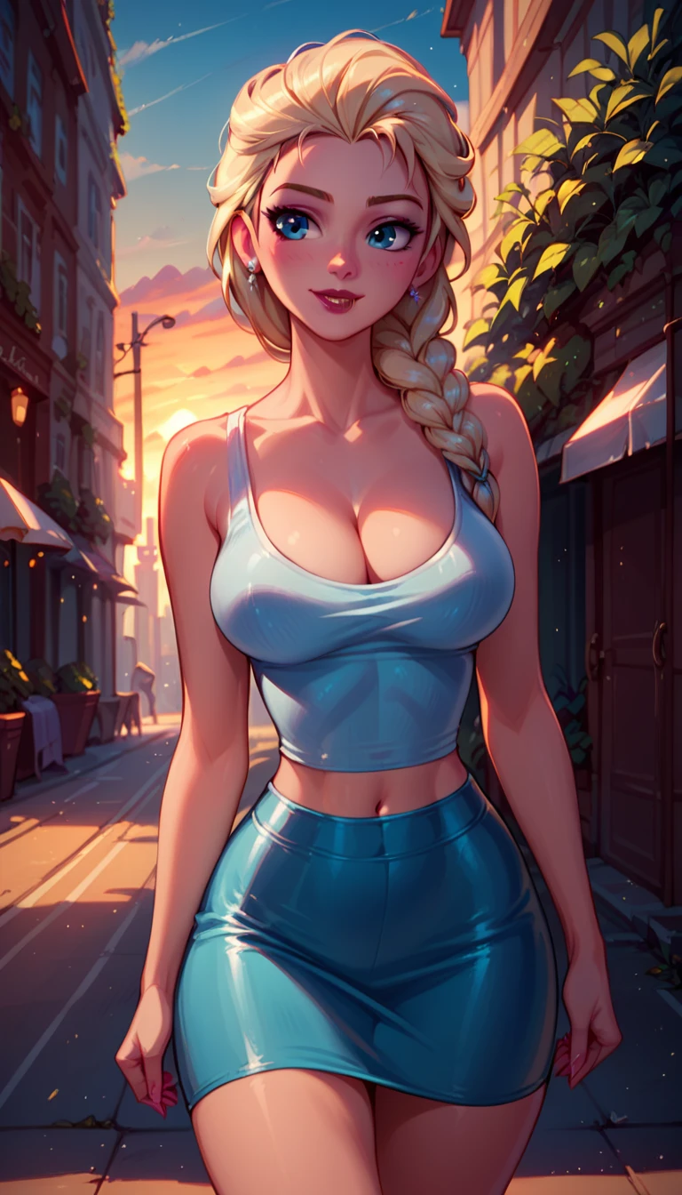 score_9, score_8_up, score_7_up, score_6_up, 1girl, solo, elsa (blonde hair, braid, tight short skirt:1.1), (tank top:1.2), cleavage, looking cute, fashionable, cinematic lighting,, sunset, walking, streets of Paris, cowboy shot.