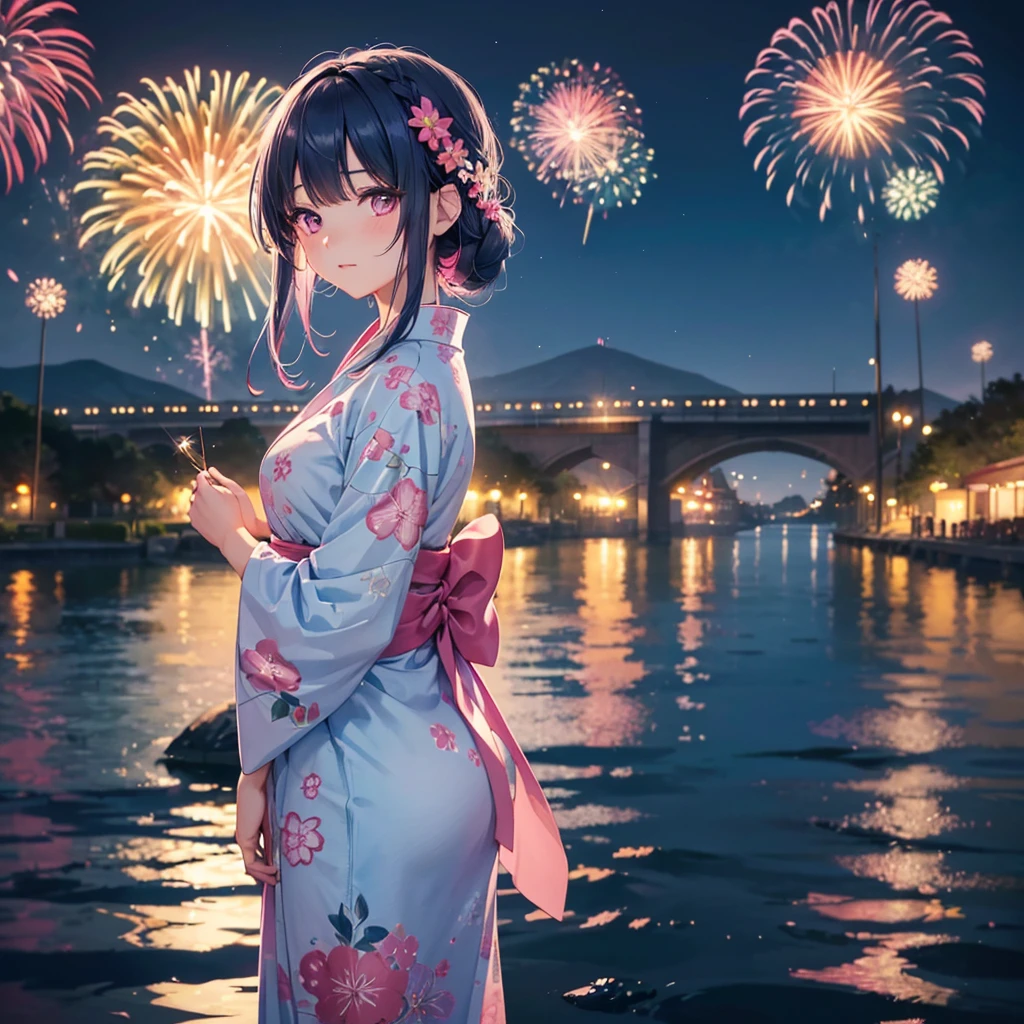 Sky Blue Medium Hair, (Braided hair),(Pink Eyes),Fair skin ,(whole body),(1 girl)、Floral Yukata、summer night、Fireworks on the lake、Big fireworks、Straight bangs,(masterpiece, Highest quality, Very detailed, Best Shadow), (Detailed Background), (Beautifully detailed face), High Contrast, (Best lighting, Very delicate and beautiful), ((Cinematic Light)), colorful, Hyper Detail 8k, Dramatic Light, Intricate details,Fireworks light reflected on the water