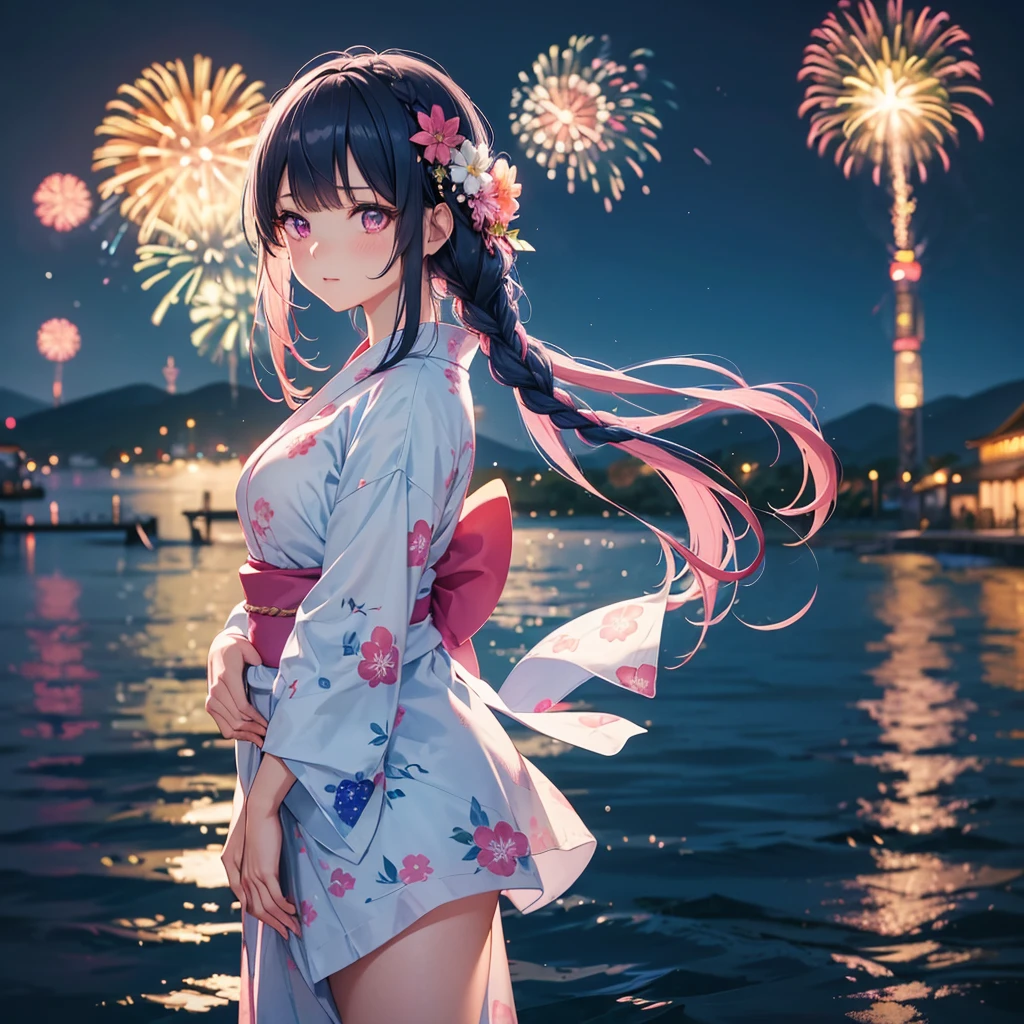 Sky Blue Medium Hair, (Braided hair),(Pink Eyes),Fair skin ,(whole body),(1 girl)、Floral Yukata、summer night、Fireworks on the lake、Big fireworks、Straight bangs,(masterpiece, Highest quality, Very detailed, Best Shadow), (Detailed Background), (Beautifully detailed face), High Contrast, (Best lighting, Very delicate and beautiful), ((Cinematic Light)), colorful, Hyper Detail 8k, Dramatic Light, Intricate details,Fireworks light reflected on the water