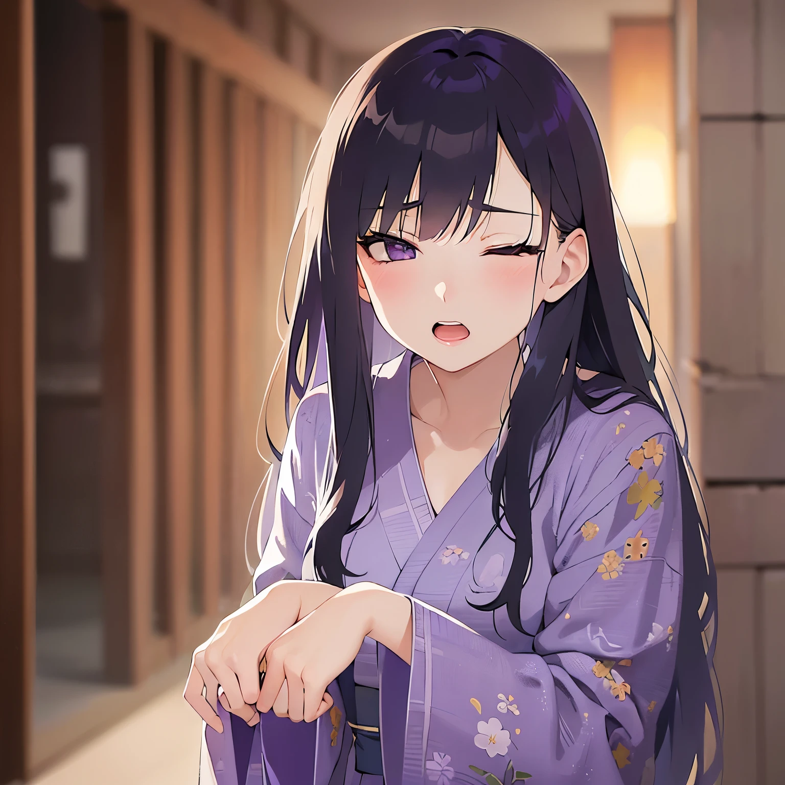 closed eyes: (narrowed eyes:1.3):11 ,Realistic, real person, (pale skin: 1.2), Shooting from below、upper body,leaning forward、hands on knees、RAW photo, photorealistic, shiny skin, shiny hair、 (A 25-year-old woman with straight hair and bangs) and (medium hair) and (black hair) and (purple eyes) , (purple:1.5) and (yukata)、 (embarrassed,blush:1.3),(open mouth:1.5),The background is a Japanese-style corridor at night、（alone:1.5）、nsfw,(ecstasy:1.3) ,(slut:1.2),(vulgarity:1.3),(fucked silly:1.1),(trembling:0.8),(tears:0.7) 