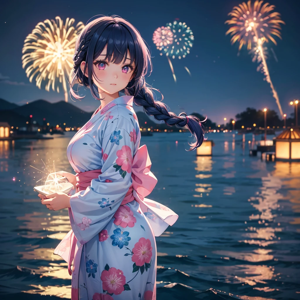 Sky Blue Medium Hair, (Braided hair),(Pink Eyes),Fair skin ,(whole body),(1 girl)、Floral Yukata、summer night、Fireworks on the lake、Big fireworks、Straight bangs,(masterpiece, Highest quality, Very detailed, Best Shadow), (Detailed Background), (Beautifully detailed face), High Contrast, (Best lighting, Very delicate and beautiful), ((Cinematic Light)), colorful, Hyper Detail 8k, Dramatic Light, Intricate details,Fireworks light reflected on the water