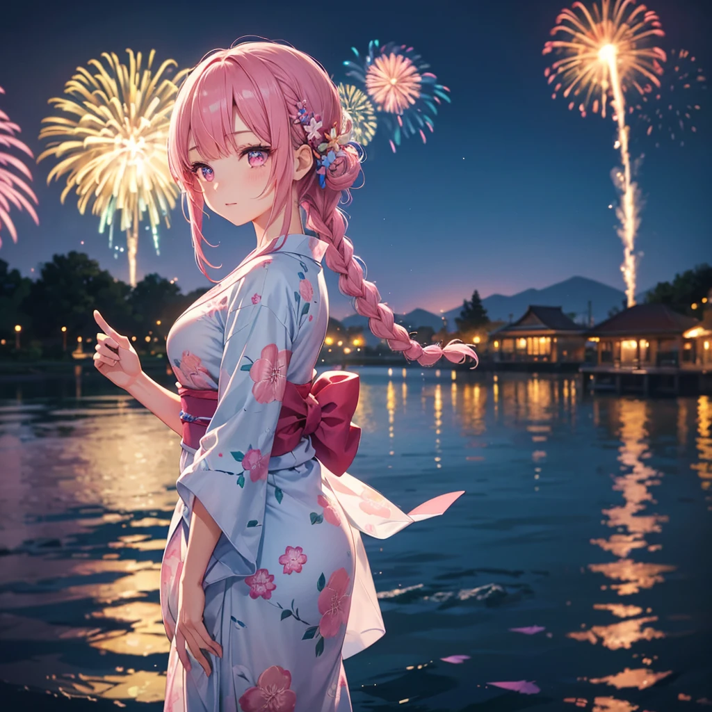 Sky Blue Medium Hair, (Braided hair),(Pink Eyes),Fair skin ,(whole body),(1 girl)、Floral Yukata、summer night、Fireworks on the lake、Big fireworks、Straight bangs,(masterpiece, Highest quality, Very detailed, Best Shadow), (Detailed Background), (Beautifully detailed face), High Contrast, (Best lighting, Very delicate and beautiful), ((Cinematic Light)), colorful, Hyper Detail 8k, Dramatic Light, Intricate details,Fireworks light reflected on the water