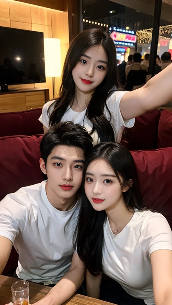 night club, whiskey table, Sofa, club room, couple selfie, smartphone selfie, A pretty 24-year-old Korean woman and a handsome Korean man wearing a muscular shirt., Karaoke machine, The lights went crazy, Party Lights, sound of music ringing
