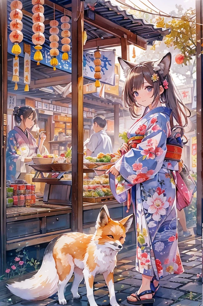 masterpiece, best quality,girl walking in Japanese countryside summer festival(natsumatsuri), (yukata,japanese geta), various food stalls, with fox,((look away)),magnificent view,night time,beautiful detailed scenery,(tween,short hight,fox ear,fox tail,middle small breasts),(Watercolor:1.3),