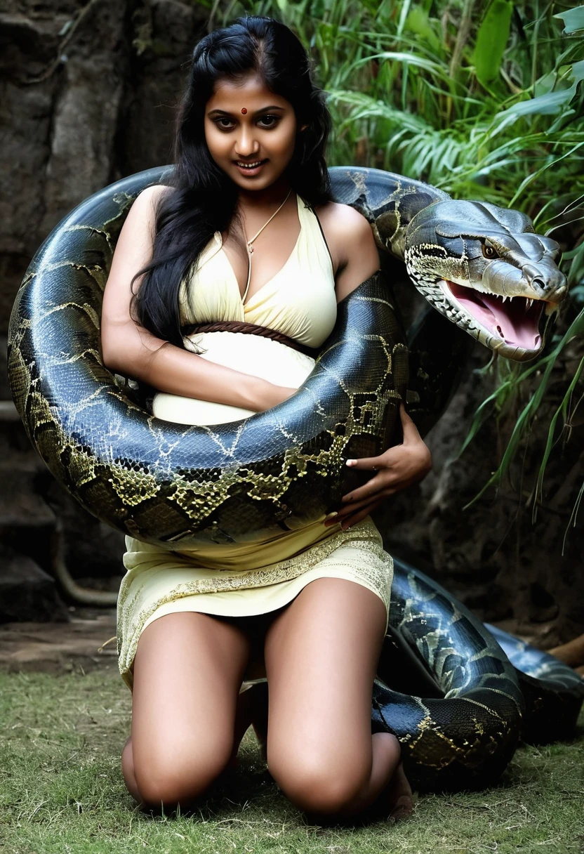 Pregnant Happy Horny, aroused 1girl), beautiful kneeling Indian young teen girl with giant colossal kaa monster squeezing her hard, wrapped in thick spiraling coils, constricted, struggle, gasping for air, snake attack, snake peril, moonless night, dim light