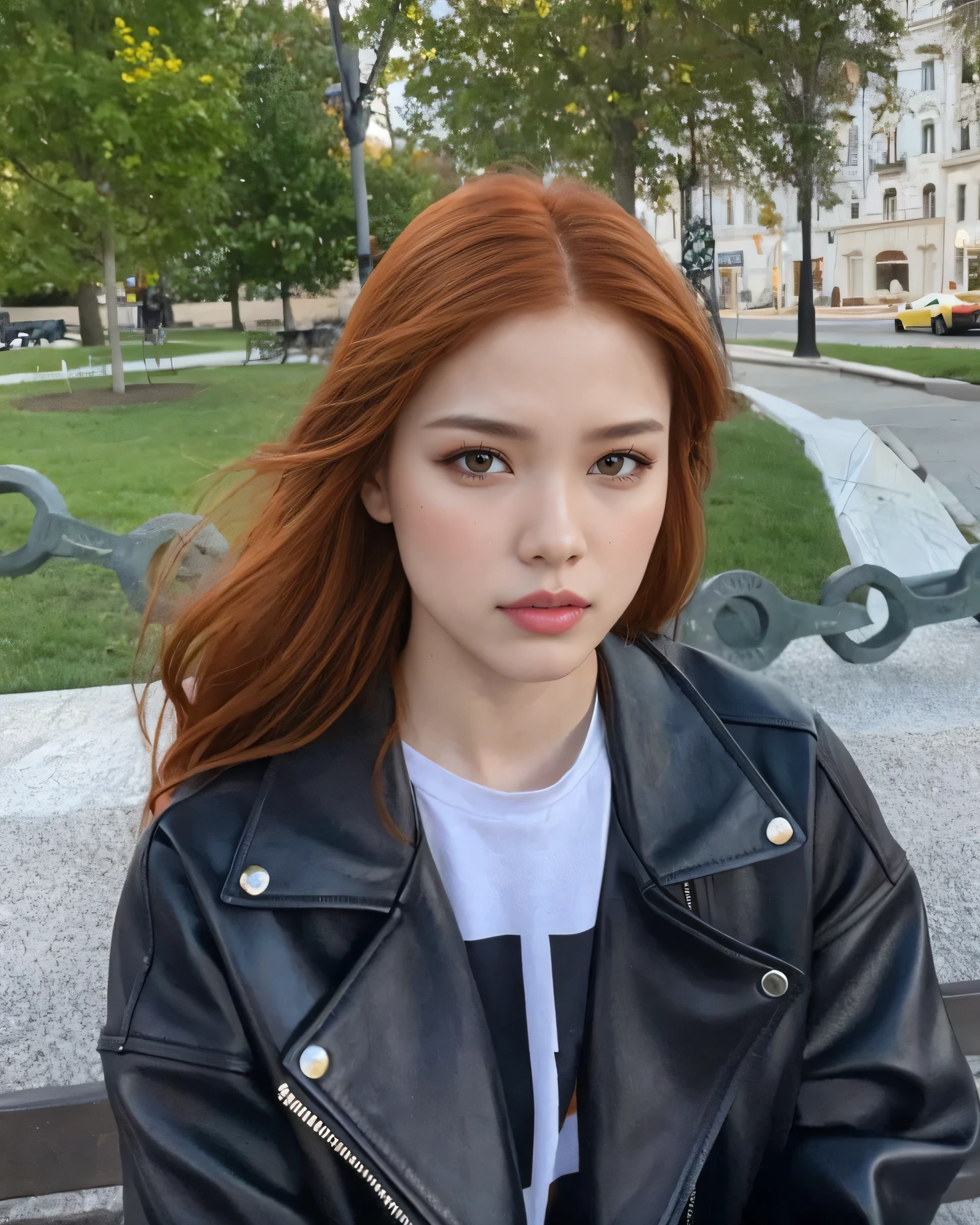 Arafed woman with long red hair wearing a black leather jacket, long hair with bangs completa, long hair with bangs, brown long hair with bangs, with bangs, brown hair and bangs, central parted fringe, long ginger hair, portrait of kim petras, she has long orange brown hair, long glowing red hair, with bangs completa, brown hair with bangs