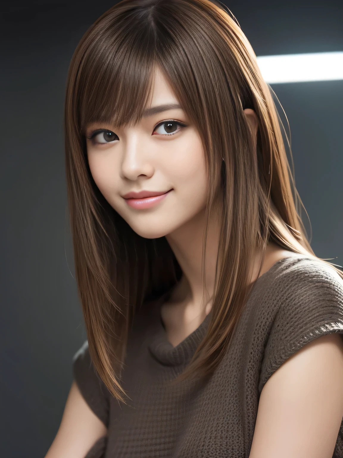 masterpiece, best quality, ultra-detailed, intricately detailed hyperdetailed, realistic, sharp features, highly detailed, sharp focus, Realistic, Photorealistic:1.3, (:1.3), perfect face, perfect symmetrically eyes, perfect full lips, hyper detailed, hyper realistic, high resolution, Fashion Model, Japanese Idol, Slender, brown hair, Stylish, model poses, Beautiful Face, light brown hair, messy hair, asymmetrical bangs, (grin:1.2), (looking at viewer), cinematic lighting, grey background, (Black knit:1.2), portrait