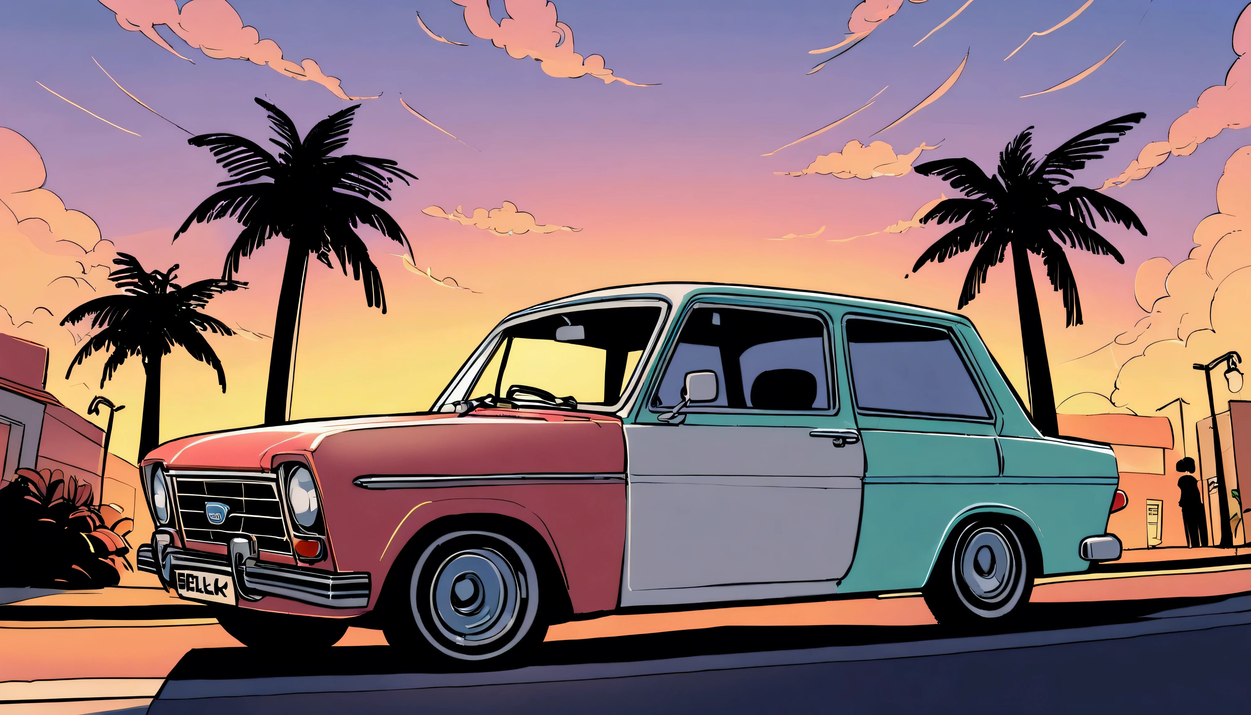 ((TShirt Design)), Ford Anglia Super 123E, Sunset background, Palm tree, Layers with 5 colors, Corner Street, Belek's Drums, Plethean,