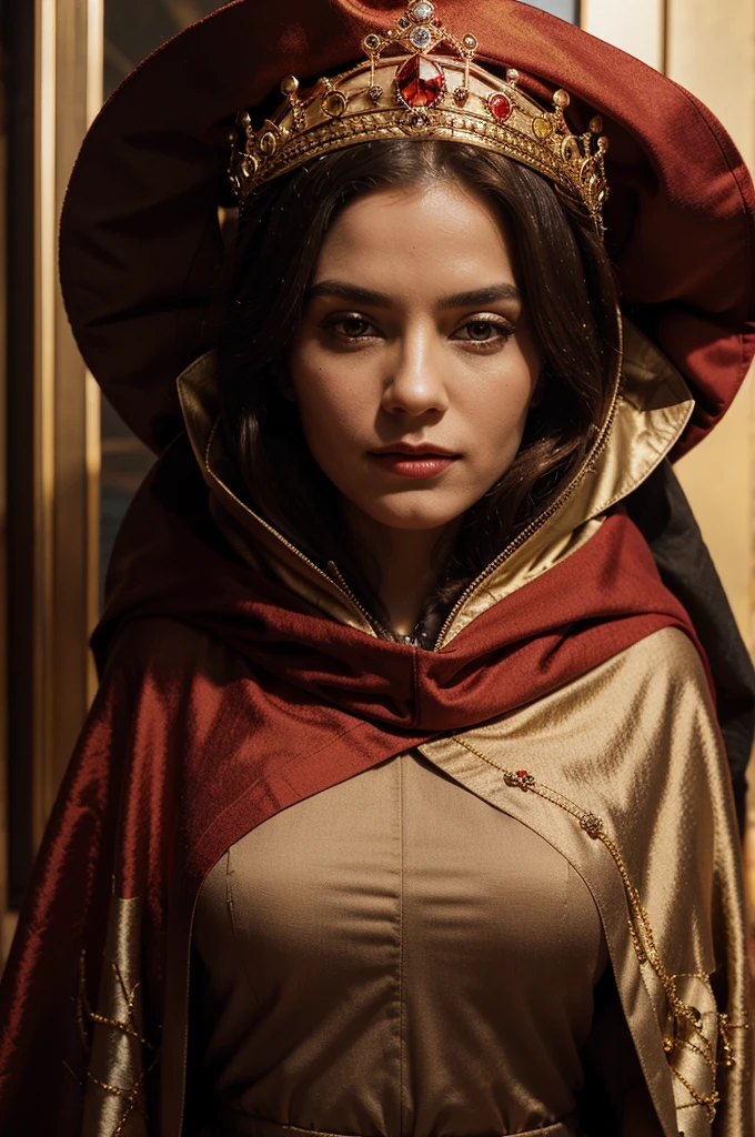 The image shows a woman wearing a crown with red and gold accents, draped in a cloak, with her face concealed by a hood.