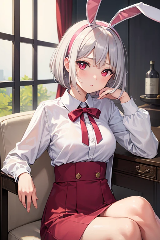 ((masterpiece,Highest quality))One girl, High resolution, Silver Hair, Bob Hair, View here,Sitting,Chair with large backrest,Red eyes,Pink ribbon,Bunny ears headband