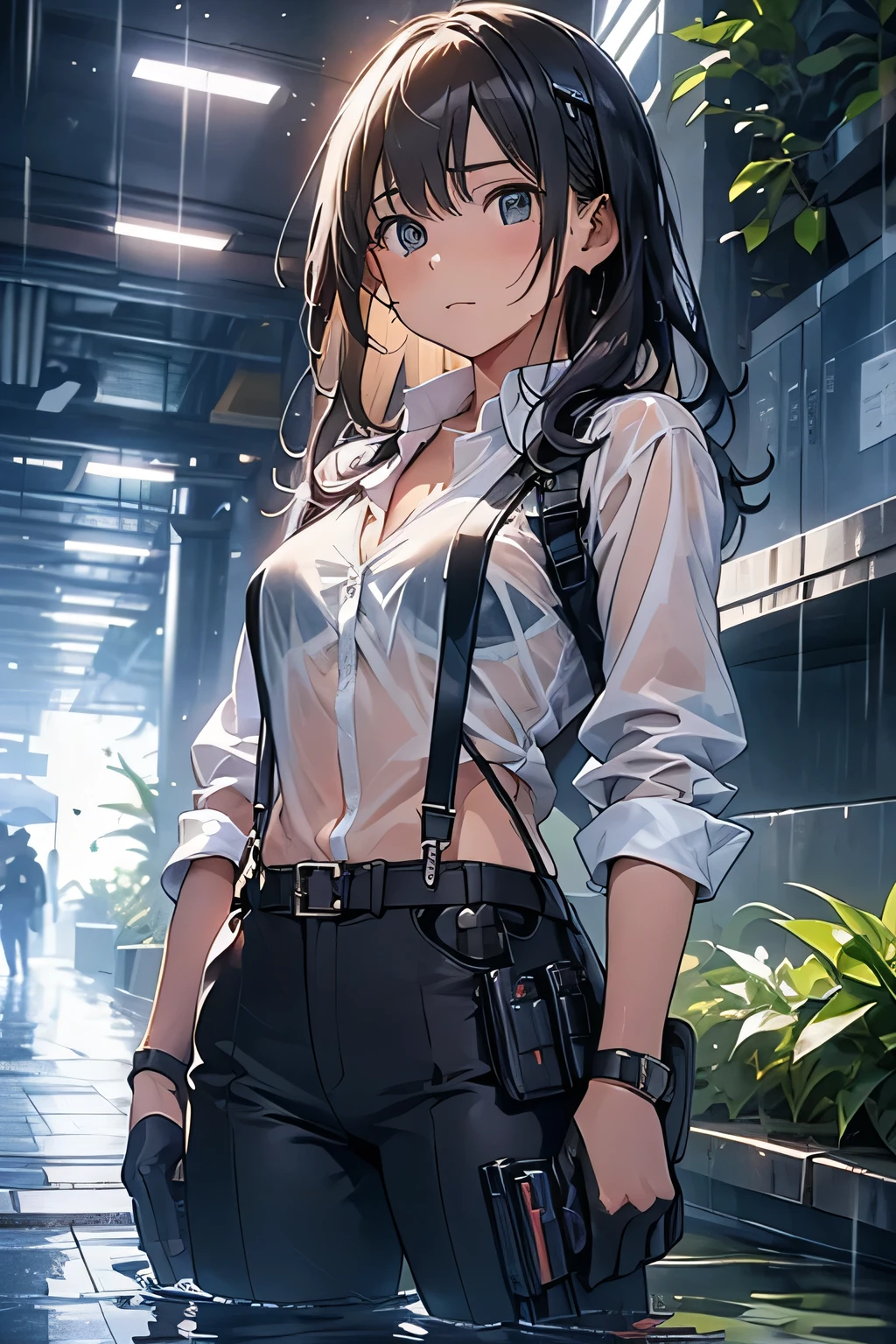 1 female, , high quality, masterpiece, Ultra-high resolution, , Cinema Lighting, , , And the suspenders with the cranes flying Large Breasts Small face holster Lying in bed Looking up Sweat belt summer 脇Sweat Black Hole Gloves suit shirt Black jacket Black trousers Leg Links ズボンにbelt holster Hands behind your back Anxious expression Looking up Anxious face, legs apart Armament Handgun handcuffs Cable ties レッグholster holster See-through clothing heavy rain Getting wet in the rain Immersion in water Drowning