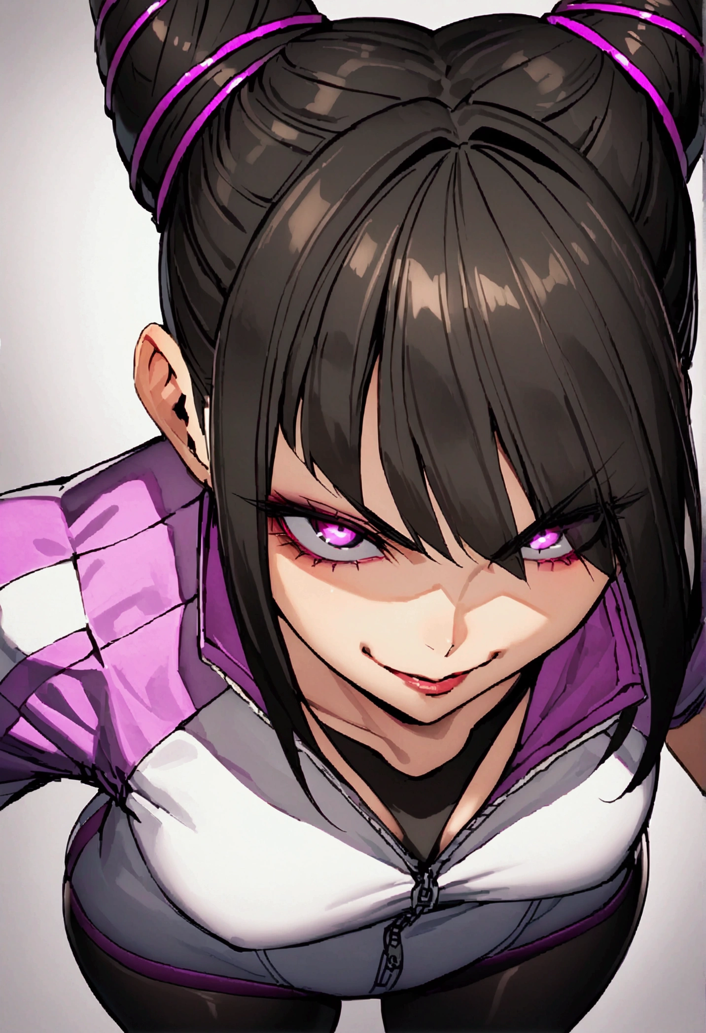 dark eye shadow,shining eyes,beautiful young fitness woman with , in a gym wearing May with black pantyhose, tight white and purple gym jacket. standing alone,hair horns,glowing purple eyes,Evil smile,legging preto ,labiaa,dark eye shadow,shining eyes,close up