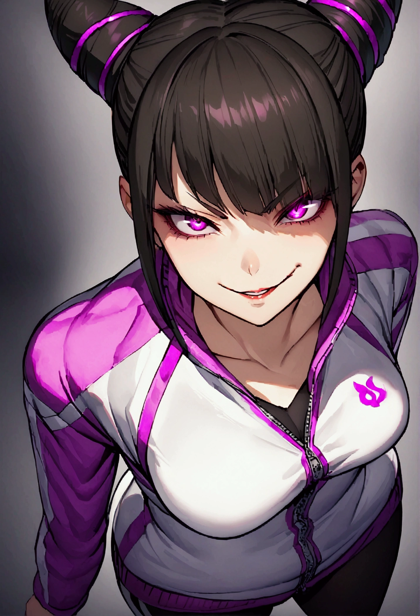 dark eye shadow,shining eyes,beautiful young fitness woman with , in a gym wearing May with black pantyhose, tight white and purple gym jacket. standing alone,hair horns,glowing purple eyes,Evil smile,legging preto ,labiaa,dark eye shadow,shining eyes,close up