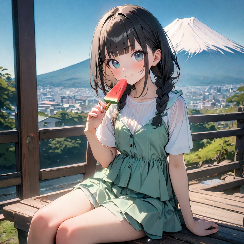 (8K, best quality, master piece: 1.2),super high resolution,1 girl,solo,yo,ultra-detailed face,detailed eyes,black hair,braids,blunt bangs,green camisole,Front-opening white Sheer shirt,Ribbon,cute,layered Drawers,holding a watermelon ice cream bar,Smiling at the viewer,Sitting on a bench,Professional lighting,High ground with a view of Mt. Fuji