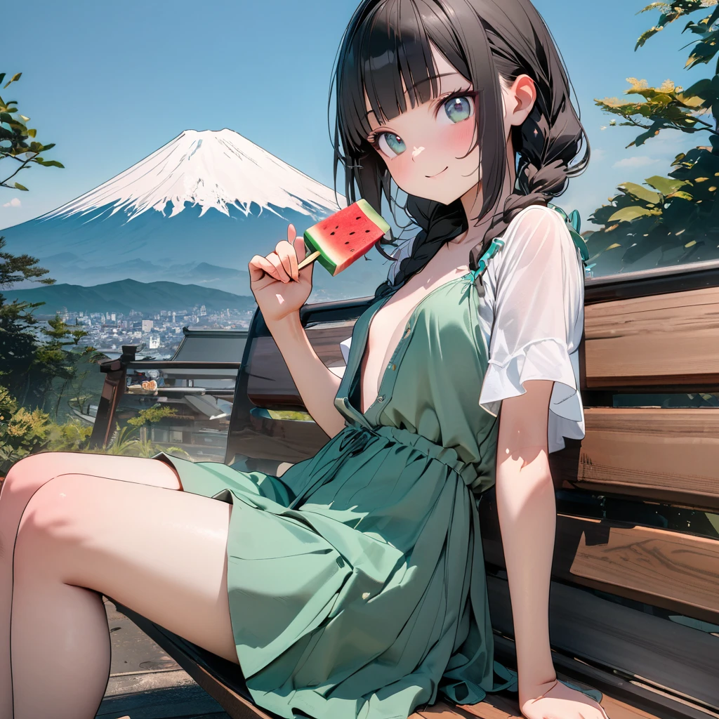 (8K, best quality, master piece: 1.2),super high resolution,1 girl,solo,16yo,ultra-detailed face,detailed eyes,black hair,braids,blunt bangs,green camisole,Front-opening white Sheer shirt,Ribbon,cute,layered Drawers,holding a watermelon ice cream bar,Smiling at the viewer,Sitting on a bench,Professional lighting,High ground with a view of Mt. Fuji