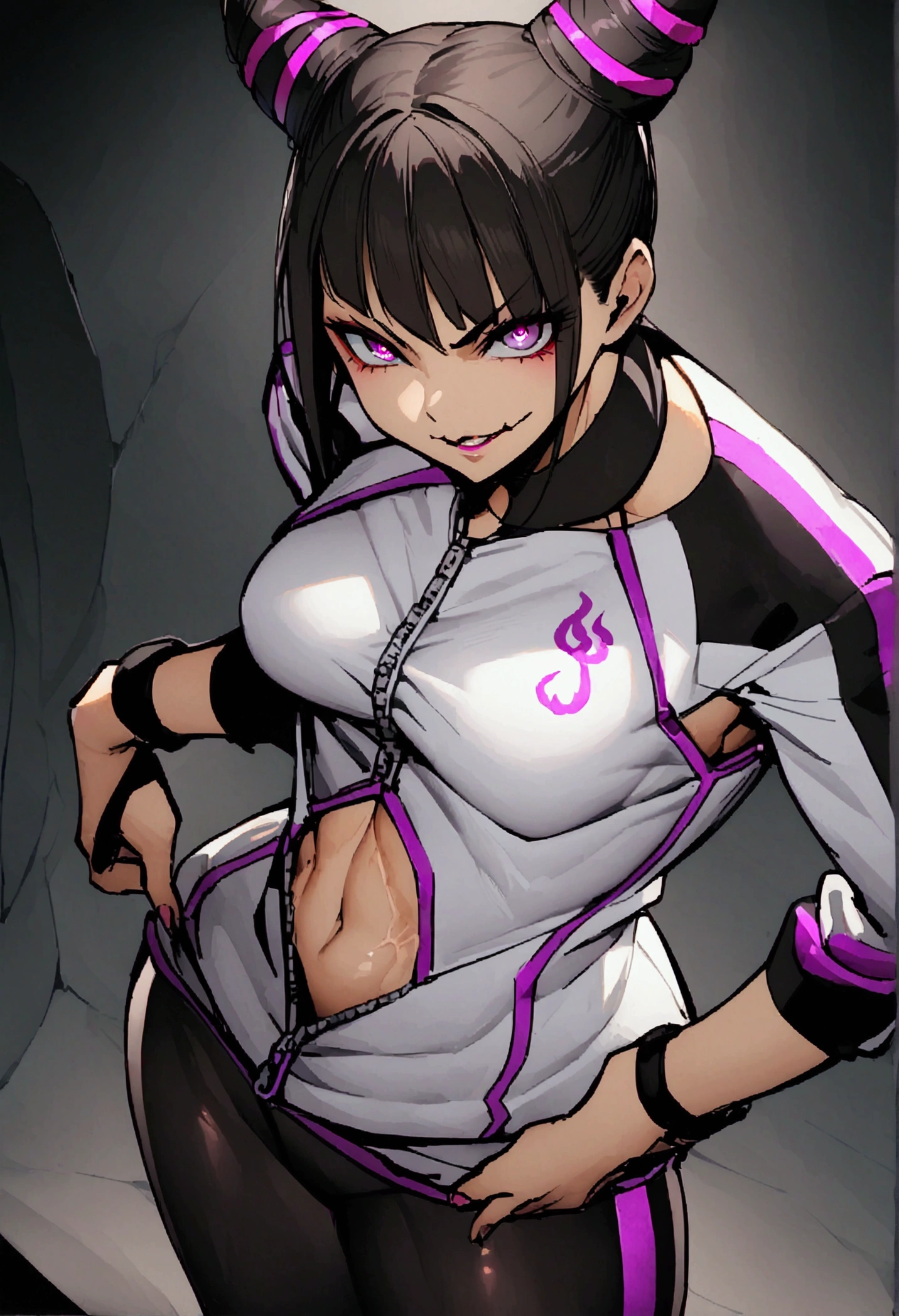 dark eye shadow,shining eyes,beautiful young fitness woman with , in a gym wearing May with black pantyhose, white and purple tight open jeep gym jacket. standing alone,hair horns,glowing purple eyes,Evil smile,legging preto ,labiaa,dark eye shadow,shining eyes,Cracked abdomen
